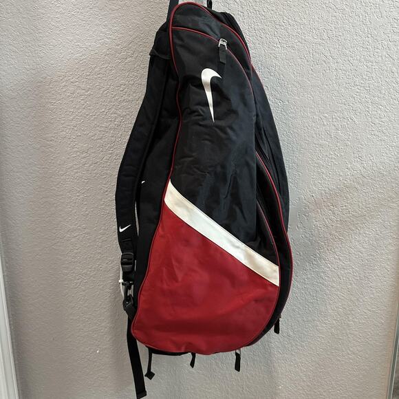 Nike Tennis Racquet Bag Backpack Black Red White Dual Strap BA2421 Swoosh Court - Picture 1 of 11